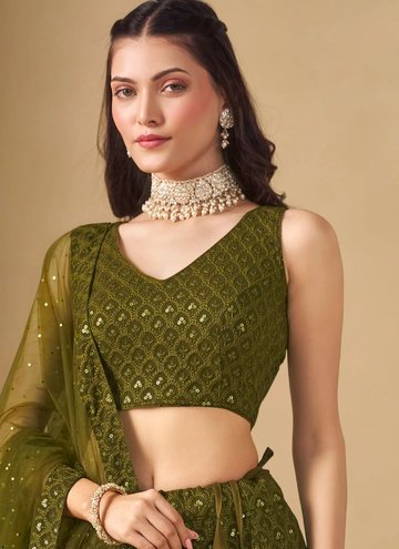 Dazzling Embroidered Work Mehendi Green Lehenga Choli For Wedding
